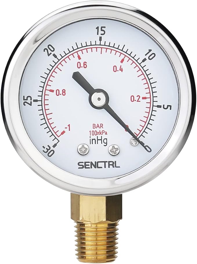 SENCTRL 30inHg Vacuum Pressure Gauge, 1/4 NPT Lower Mount, Waterproof, by senctrl