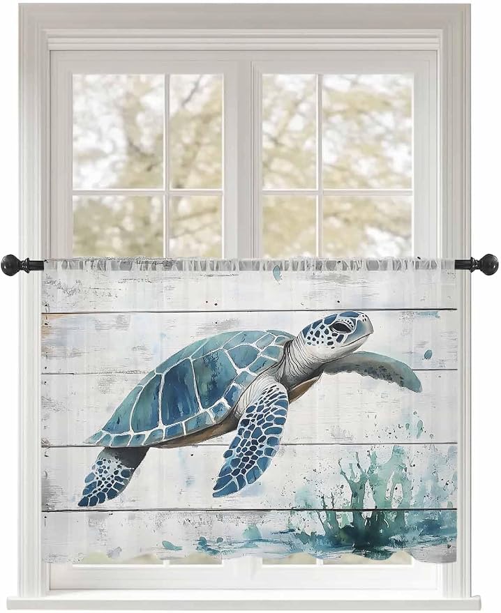 Sheer Curtains 45 Inch Length, Teal Green Sea Turtle Semi Sheer Curtains Light by Unknown