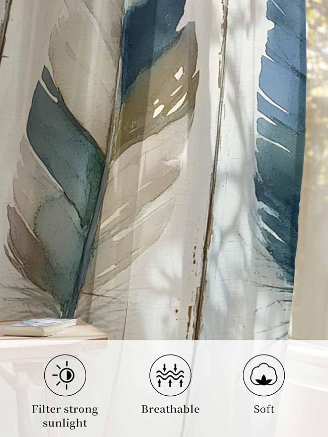 Sheer Curtains 54 Inch Length, Boho Blue Feathers Semi Sheer Curtains Light - Image 6