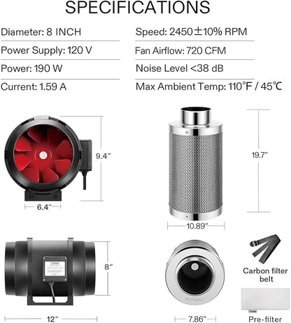 VIVOSUN Ventilation Kit 8 Inch 720 CFM Inline Duct Fan - Image 4
