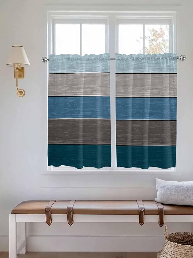 Retro Farm Blue Gray Wood Grain Window Valance Curtains, Rustic Wooden Plank - Image 3