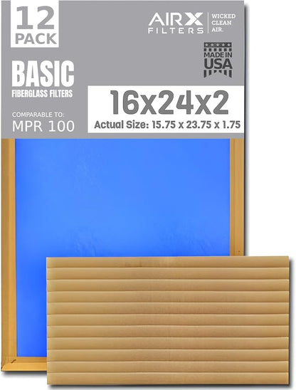 16x24x2 Air Filter Comparable to MPR 100 Basic Economy Furnace Filters by AIRXFILTERSWICKEDCLEANAIR