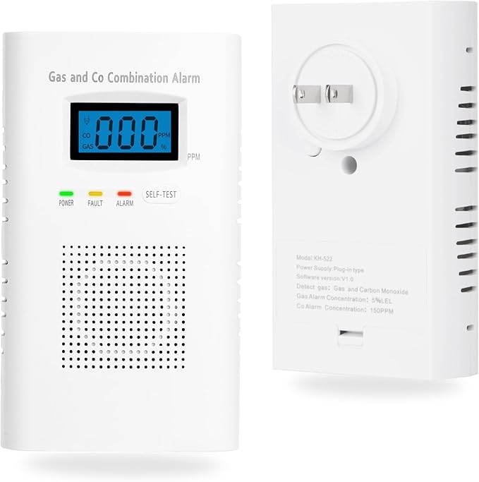 Combination Gas and Carbon Monoxide Detector Plug-in | CO Alarm & Natural Gas Combustible Detector | Digital Display, Battery Backup, Easy Install | for Home Kitchen Safety Monitoring 1-Pack