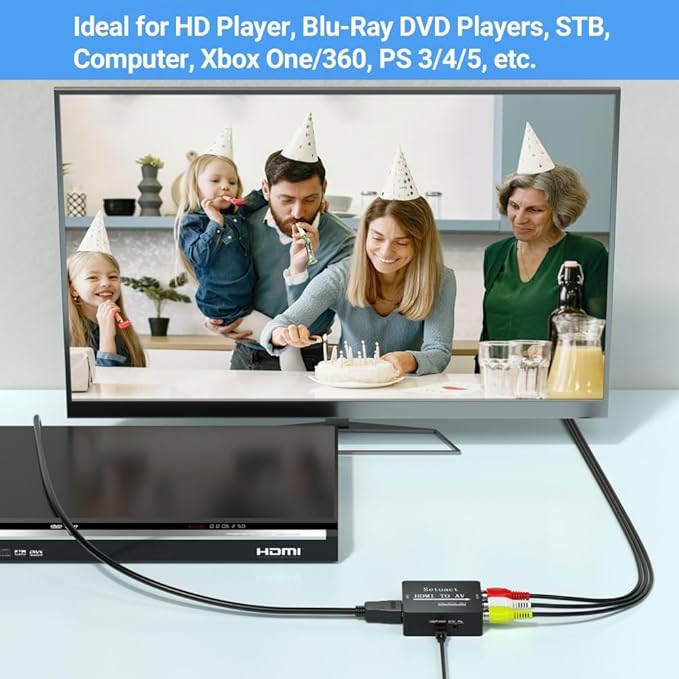 Setuact HDMI to AV Converter, HDMI to RCA Converter, Supports PAL/NTSC for Apple TV, Roku, Fire Stick, Blu-ray, DVD Player, Older TV, Projector, (with Male RCA Cables)