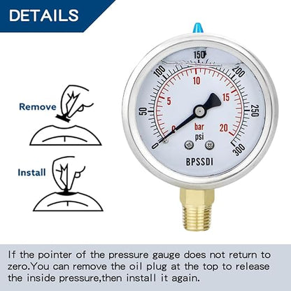 0-300 Psi Glycerin Liquid Filled Pressure Gauge, 2.5" Dial Size, 1/4" NPT Lower - Image 4