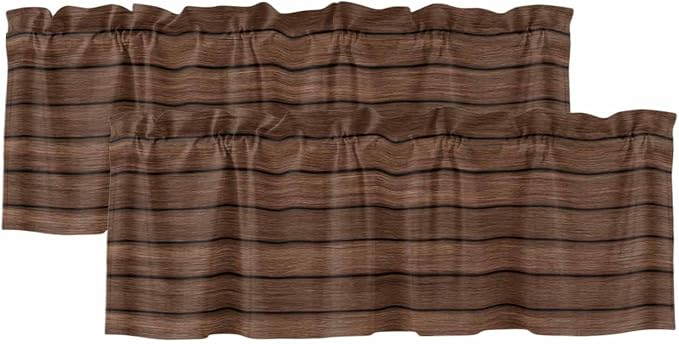 2 Pack Kitchen Valance for Windows, Farm Brown Wood Board Light Filtering Rod - Image 2
