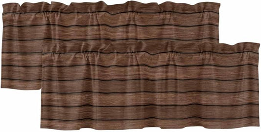 2 Pack Kitchen Valance for Windows, Farm Brown Wood Board Light Filtering Rod by Alandar+Home