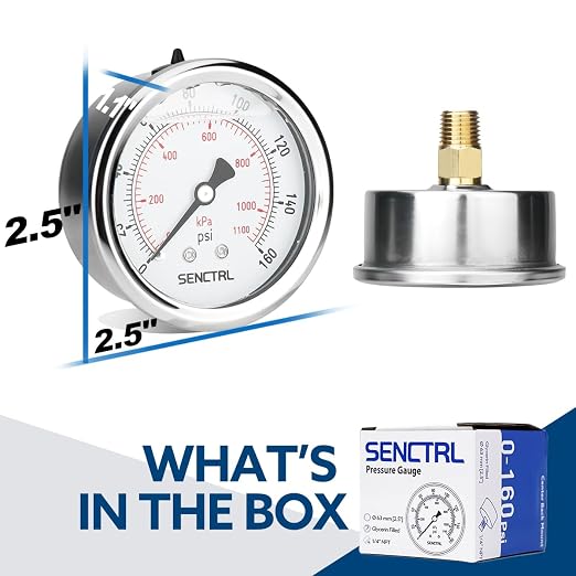 SENCTRL 0-160 Psi Glycerin Liquid Filled Air Pressure Gauge, 2.5" Dial Size - Image 6