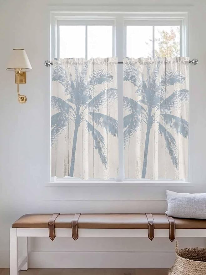 Summer Coconut Tree on Vintage Wood Grain Window Valance Curtains, Seaside - Image 2