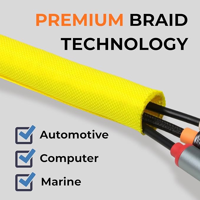 Holed 1/2 inch Split Braided Cable Management Sleeve for USB Cable Power Cord Audio Video Cable, High-Temperature Automotive Harness Wire Loom Cord Protector from Cat Dog Chewing (Yellow, 10FT)