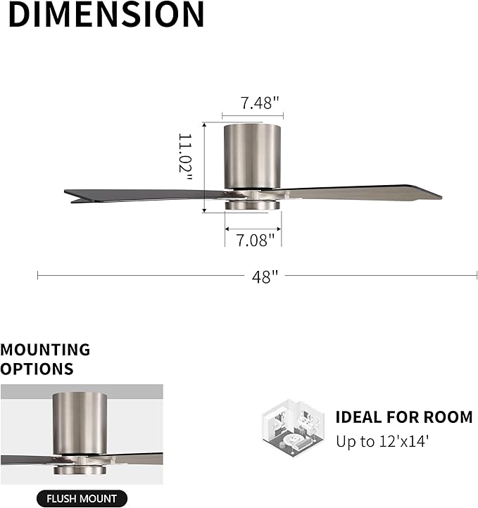 WINGBO 48" DC Flush Mount Ceiling Fan with Lights, 6-Speed Reversible DC Motor, 3CCT, Low Profile Hugger Ceiling Fan for Living Room Bedroom Kitchen, Nickel Finish and Black/Gray Blades
