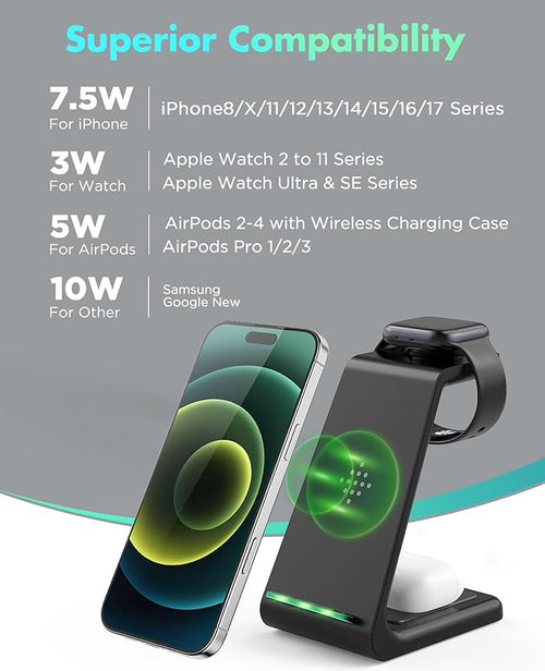3 in 1 Wireless Charging Station, 2026 Upgraded Fast Desk Charger Station for iPhone 17 16 15 14 13 12 Pro Max Plus, Charger Stand for Apple Watch 10 9 8 7 6 5 4 3 2 SE, Airpods 4 3 2 Pro(Black)