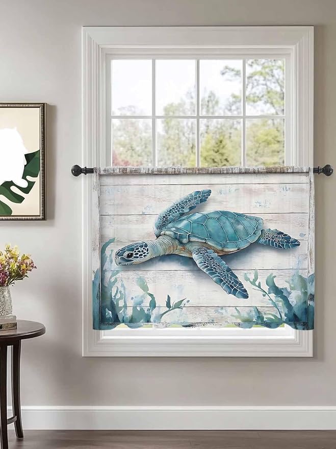 Sheer Curtains 54 Inch Length, Teal Green Sea Turtle Semi Sheer Curtains Light - Image 2