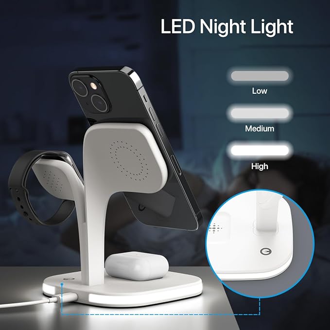 EXW for Magsafe Charger Stand,Charging Station for Multiple Devices,Wireless Charger for iPhone 17 Air 16 15 14 13 12 Series,Apple Watch Series 1-10/Ultra,AirPods Pro with LED and Adapter (White)