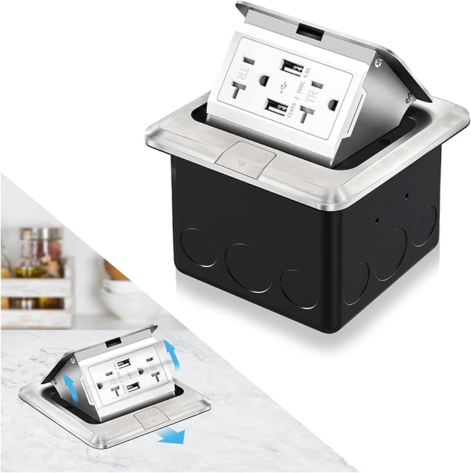 Vagueior Recessed Floor Electrical Outlet Kit,Waterproof Electrical Outlet Covcer Box,Hidden 4.8A USB+20A Tamper-Resistant Receptacle Outlet with Slow Damping ，ETL Certified,Stainless Steel(1 Pack)