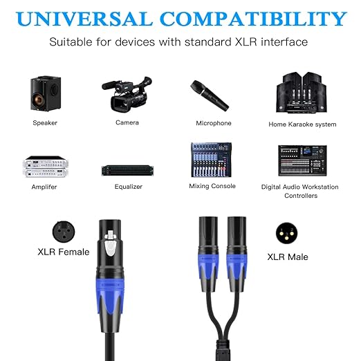 Seefeful XLR Splitter Cable, 1 Female to 2 Male Patch Y Cable, Balanced Microphone Splitter Cord Audio Adaptor (11.8 Inches)