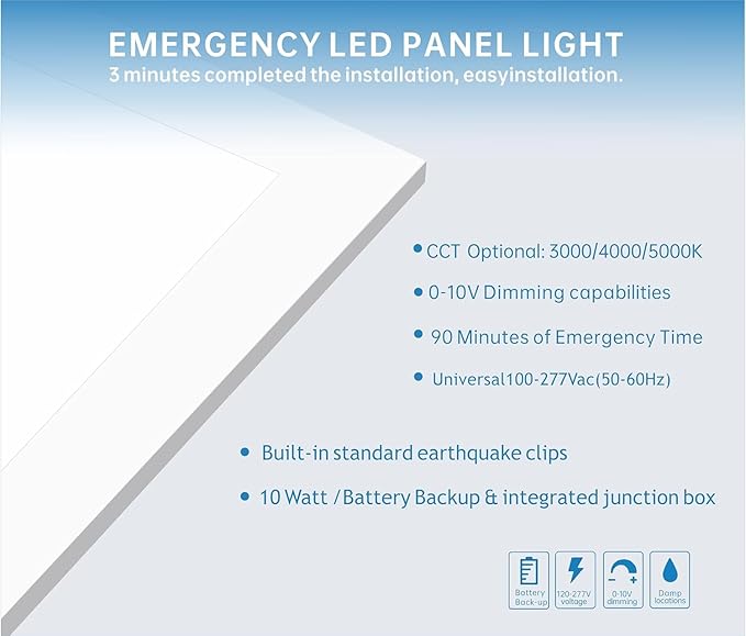 2X4 LED Flat Panel Light with Emergency Battery Backup, 50W 3000K/4000K/5000K, 0-10V Dimmable, 6500 Lumens, LED Drop Ceiling Lights, 100-277V, DLC UL Listed, Ultra Thin Back-Lit (8 Pack)