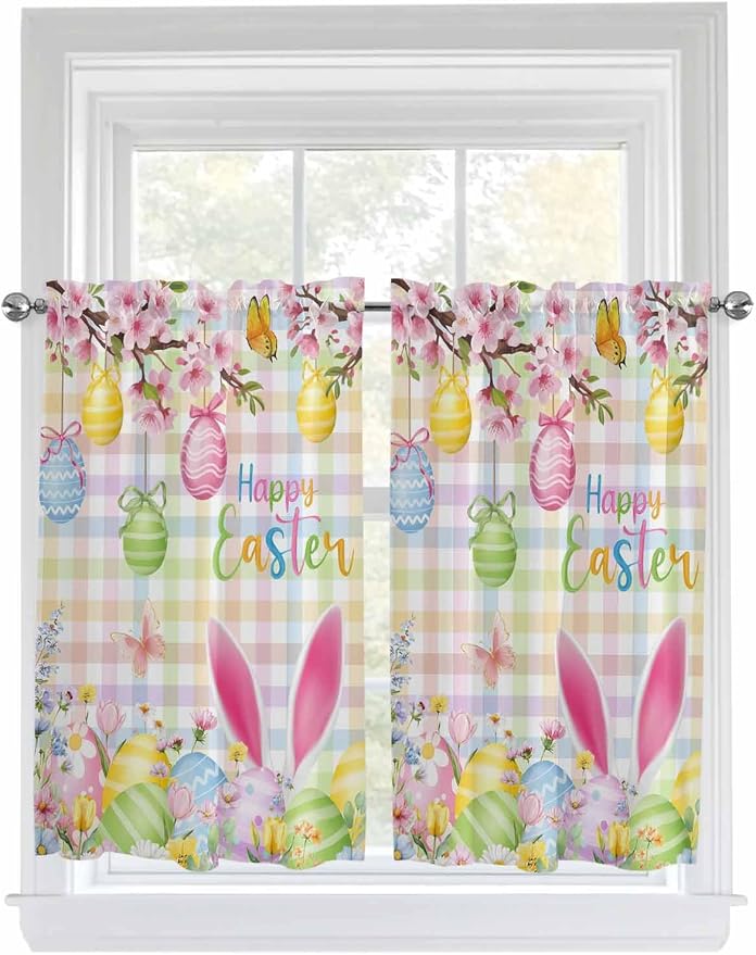 Happy Easter Tier Curtains 45 Inches Long, Spring Bunny Colorful Eggs Flower by Unknown