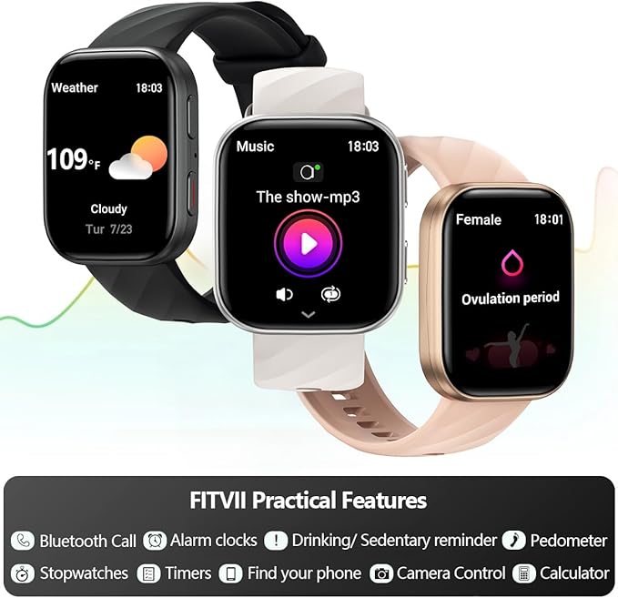 FITVII Health & Fitness Tracker (Answer/Make Calls), Smart Watch with 24/7 Heart Rate and Blood Pressure, Sleep Tracking, Blood Oxygen Monitor, 120+ Sport Modes Activity Tracker for Women Men