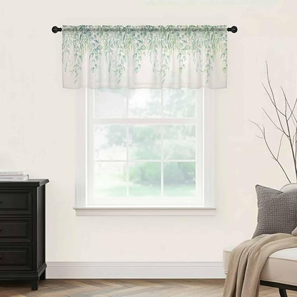 Green Leaf Sheer Valance Curtains, Eucalyptus Leaves Vintage Linen Texture - Image 5