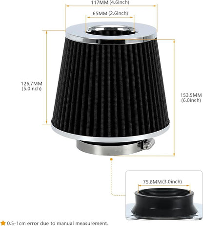 PTNHZ Universal Black 3" 76mm High Flow Cold Air Intake Cone Air Filter Power - Image 5