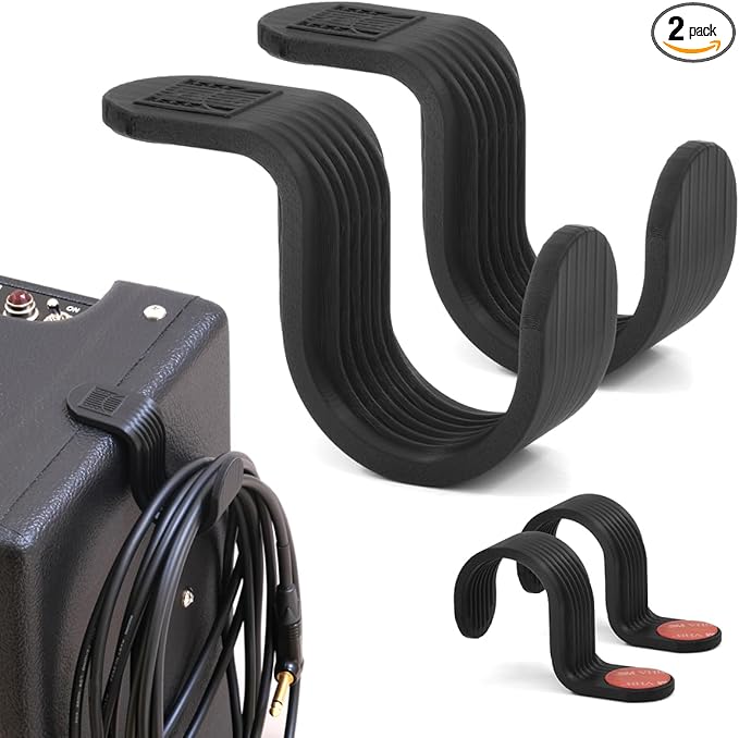 Strumland Music Cable Organizer Set (2-Pack) – Peel-and-Stick Guitar Cable Holder & Studio Cable Hook with Upgraded 3M Adhesive for Desks, Amps & Surfaces (Black)