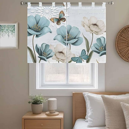 Blue Tulips Kitchen Curtains 45 Inch Length, Short Cafe Window Curtains Tab Top - Image 9