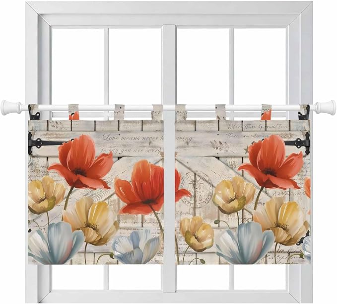 Retro Floral Kitchen Curtains 24 Inch Length, Small Window Curtains Tab Top by Unknown