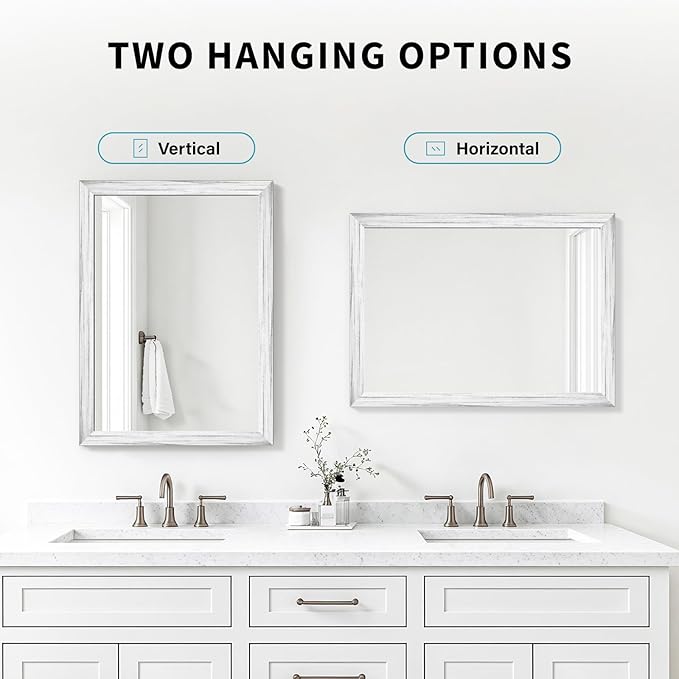 White Wood Effect Framed Wall Mirror, 22x30 Rectangle Mirror, 1/8" Anti-desilvering Tempered Glass, Sustainable& Sturdy Frame, Anti-Rust, HD Reflection &3min Fast Setup for Bathroom Living Room