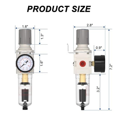 AIRZOE 1/4"NPT Air Filter Regulator Combo Piggyback, 5 Micron Brass Element - Image 2