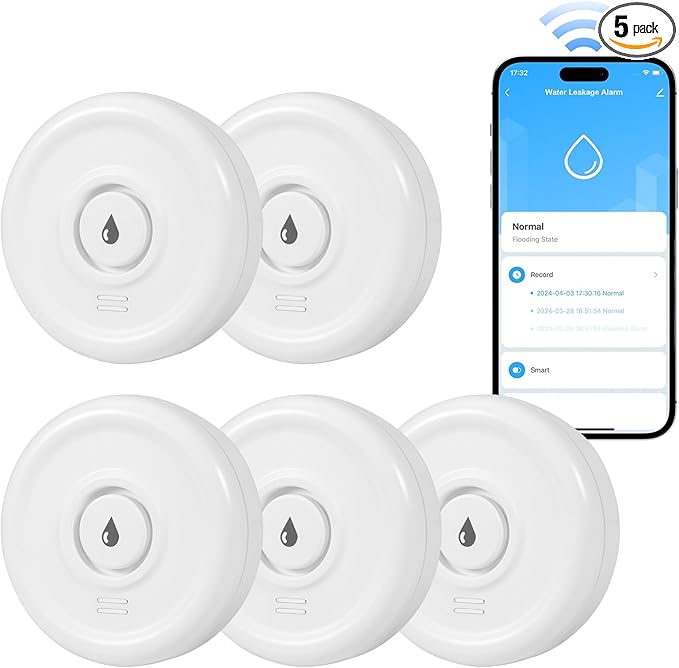 Douevo 5 Pack WiFi Water Leak Sensor, 100 dB Water Alarm Leak Detector, for Home, Basement, Bathroom, Kitchen(5 Pack)