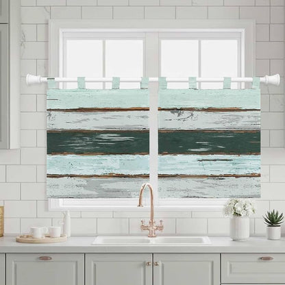 Blue Teal Kitchen Curtains 24 Inch Length, Small Window Curtains Tab Top - Image 3