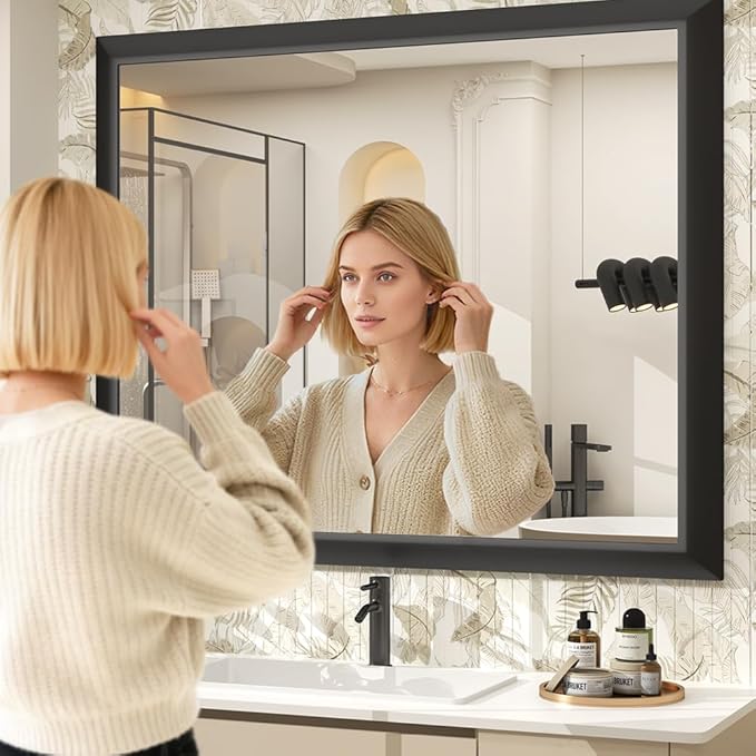 SMIROR Matte Black Bathroom Mirror for Over Sink 48x 36 inch, Metal Thick Frame Rectangle Vanity Mirror for Wall, Anti-Rust, Horizontally or Vertically Mounted