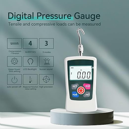 GOYOJO Digital Force Gauge High-Precision Push-Pull Meter for Tension & Compression Testing Units (N, kg, lb, oz) Real-Time/Peak/First Peak Modes Ideal for Quality Control & Material Testing (5N)