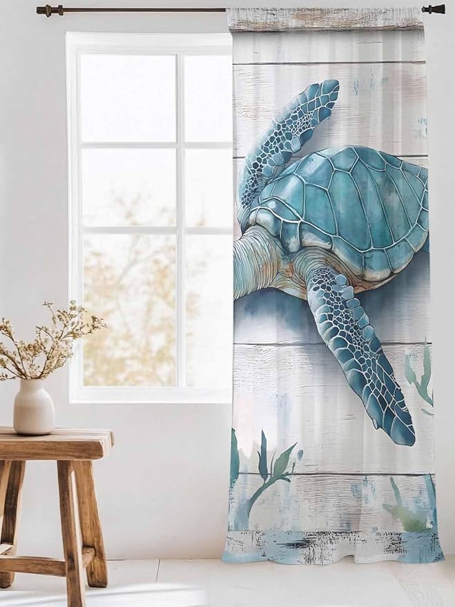 Sheer Curtains 84 Inches Long, Teal Green Sea Turtle Semi Sheer Curtains Light - Image 3