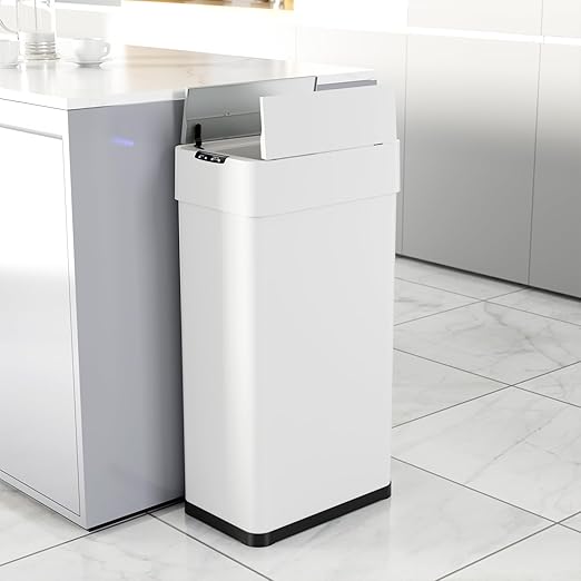 TLSUNNY 13.2 Gallon Automatic Trash Can, Stainless Steel Motion Sensor Garbage bin, Smart Trash Can W/Butterfly Lid, Bag Retainer Ring and Display Light for Living Room,Kitchen,Office (White, 50L)