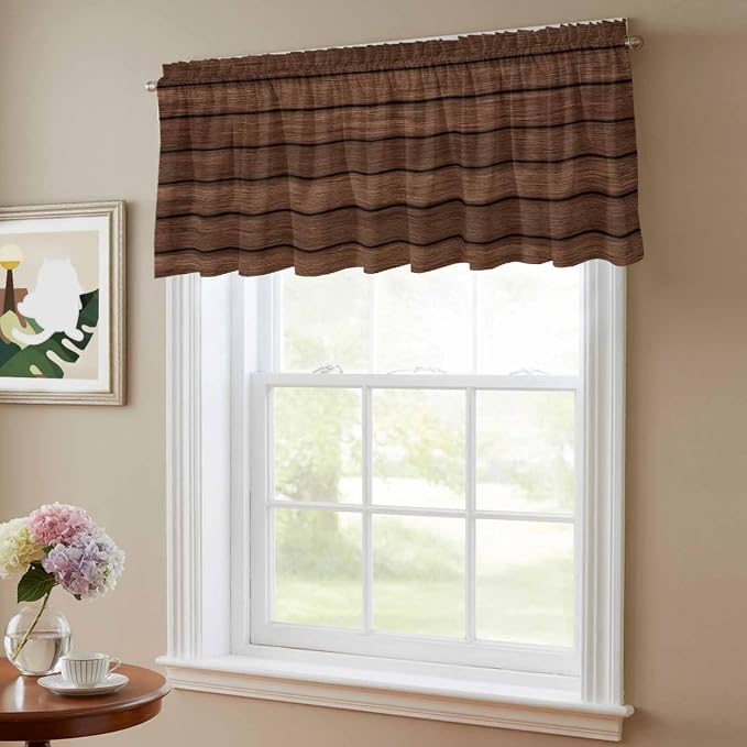 2 Pack Kitchen Valance for Windows, Farm Brown Wood Board Light Filtering Rod - Image 6