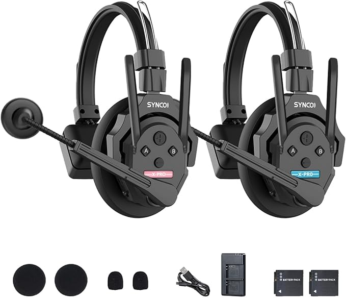 SYNCO XTalk XPro Wireless Intercom Headset with Antenna Enhanced Signal Reception 2.4GHz Full Duplex Random Master Device Design for Team Communication Headset (Xpro2 Two Users)