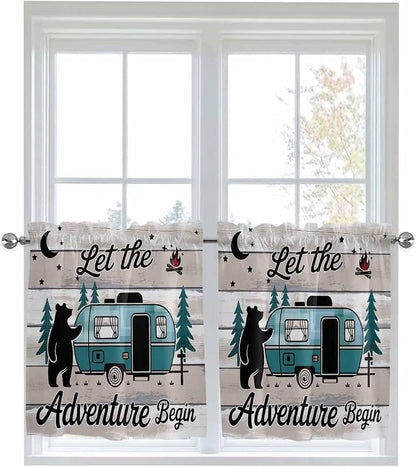 Farmhouse Bear Camper Van Tree Window Valance Curtains, Vintage Wood Grain - Image 6