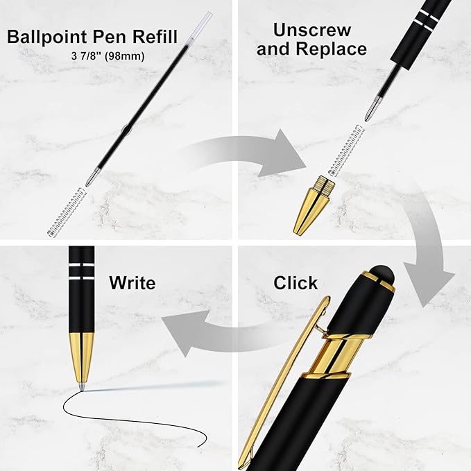 LINFANC 12 Pack Black Gold Ballpoint Pen with Stylus Tip, 1.0 mm Black Ink Smooth Writing Pens, Metal Stylus Pens for Touch Screens