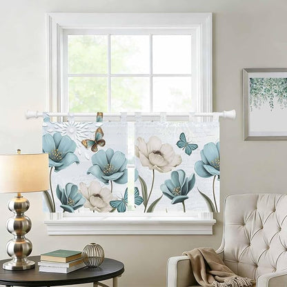 Blue Tulips Kitchen Curtains 36 Inch Length, Small Window Curtains Tab Top - Image 2