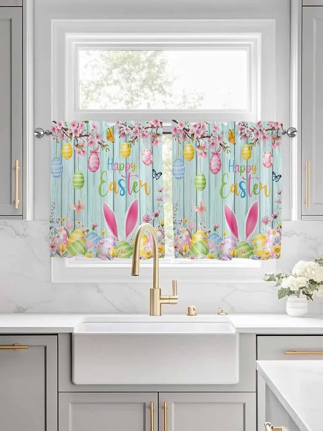 Happy Easter Half Window Curtains 24 Inches Long, Spring Bunny Eggs Flower Teal - Image 3