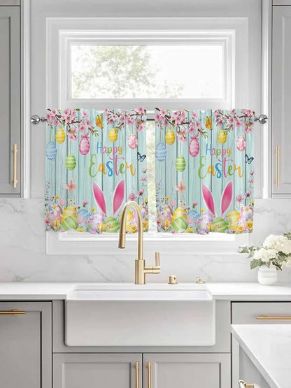 Happy Easter Half Window Curtain 36 Inches Long, Spring Bunny Eggs Flower Teal - Image 3