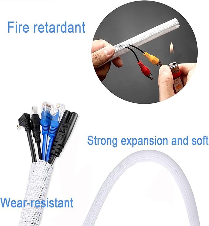 QCSIW 1/4" x50ft Split Sleeve Cable Organizer - Wire Protector Sleeving for Desk, PC, TV, Home Office | Cord Management Cover, Easy Install, White