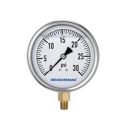 MEASUREMAN Glycerin Filled Plumbing Pressure Gauge 0-30psi Stainless Steel Case by MEASUREMAN