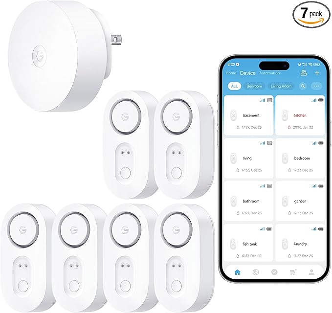GoveeLife Upgraded Smart Water Leak Detector 1s with 1804ft Ultra-Long Range, WiFi Water Sensor with SMS/Email/APP Push and Sound Alarm, 5-Year Battery Life, Suit for Home, Basement, Kitchen, 6 Pack