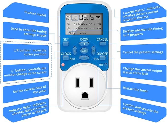 Timer Outlet, Programmable 110V/220V Pump Timer Switch, Minimum Setting by Seconds, Timing Socket Converter, Power Timing Automatic Control Outlets