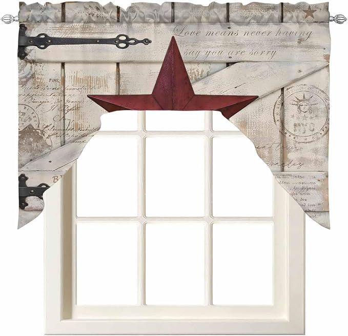 Village Stars Swag Kitchen Curtains Valance and Tier Set, Vintage Dark Red Star - Image 7