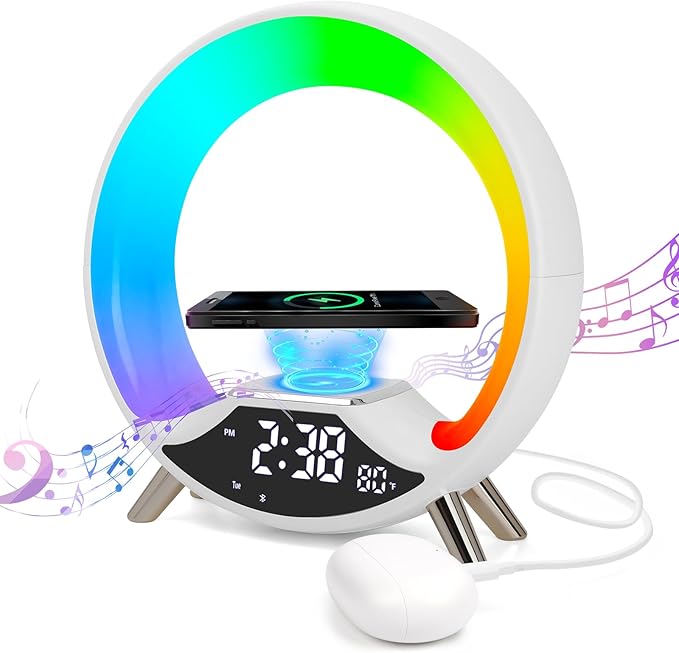 GuDoQi Sunrise Alarm Clock with Fast Wireless Charger Station and Bluetooth, Full Screen with Sunrise Simulation Light, Sleep Aid, Dual Alarms, FM Radio, More Than 10 Colors Nightlight for Bedrooms