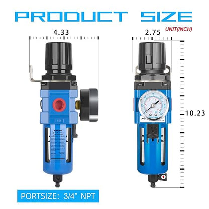 NANPU 3/4" NPT Compressed Air Filter Regulator Combo Piggyback, 5 Micron Brass - Image 4